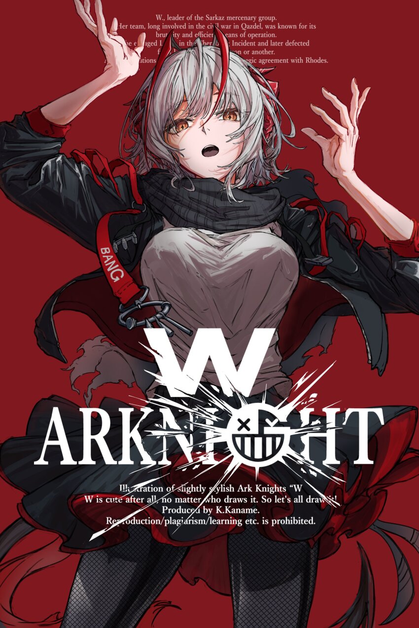 1girl, absurdres, arknights, black_jacket, fishnet_pantyhose, fishnets, highres, jacket, knm_kamakura, orange_eyes, pantyhose, red_background, solo, standing, w_(arknights)