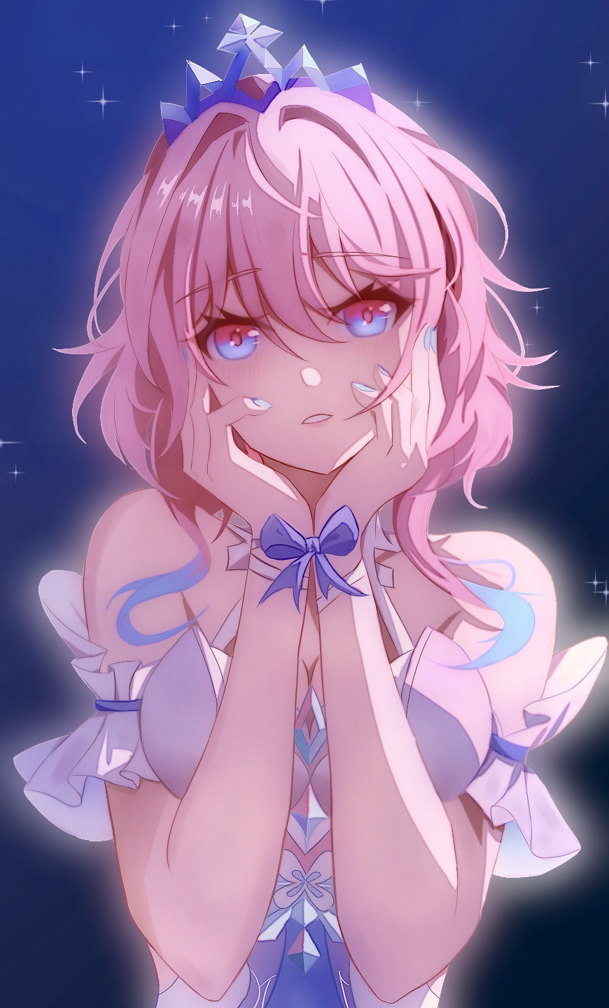 1girl, bare_shoulders, blue_background, blue_bow, blue_eyes, bow, commentary_request, detached_sleeves, dress, euzh266, hair_intakes, hands_up, highres, honkai:_star_rail, honkai_(series), looking_at_viewer, march_7th_(honkai:_star_rail), march_7th_(nascent_spring)_(honkai:_star_rail), multicolored_eyes, nail_polish, official_alternate_costume, parted_lips, pink_eyes, pink_hair, short_hair, short_sleeves, sleeveless, sleeveless_dress, solo, tiara, two-tone_eyes, upper_body