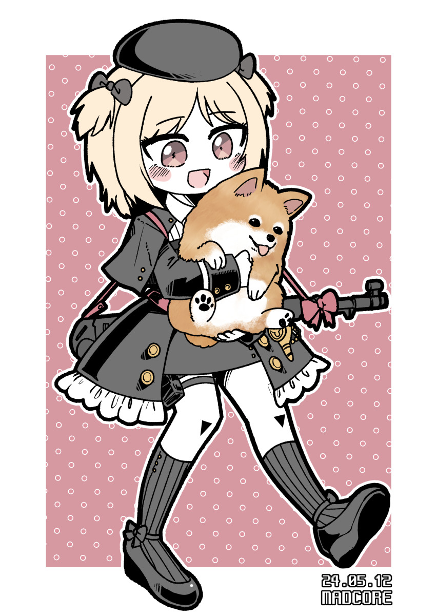 :d, absurdres, animal, artist_name, beret, black_dress, black_footwear, black_hat