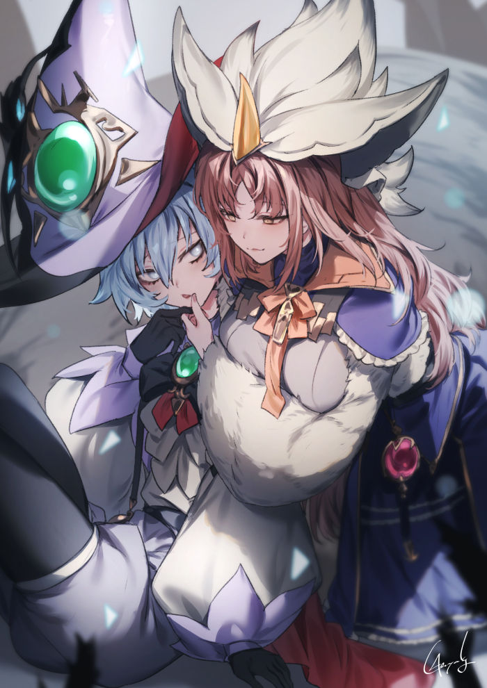 2girls, blush, breasts, brown_eyes, brown_hair, duel_monster, fur-trimmed_sleeves, fur_trim, gem, genyaky, grey_eyes, hand_on_another's_chin, hat, large_breasts, long_hair, multiple_girls, ribbon, rucia_of_the_white_forest, short_hair, silvy_of_the_white_forest, white_hair, witch, witch_hat, yu-gi-oh!, yuri