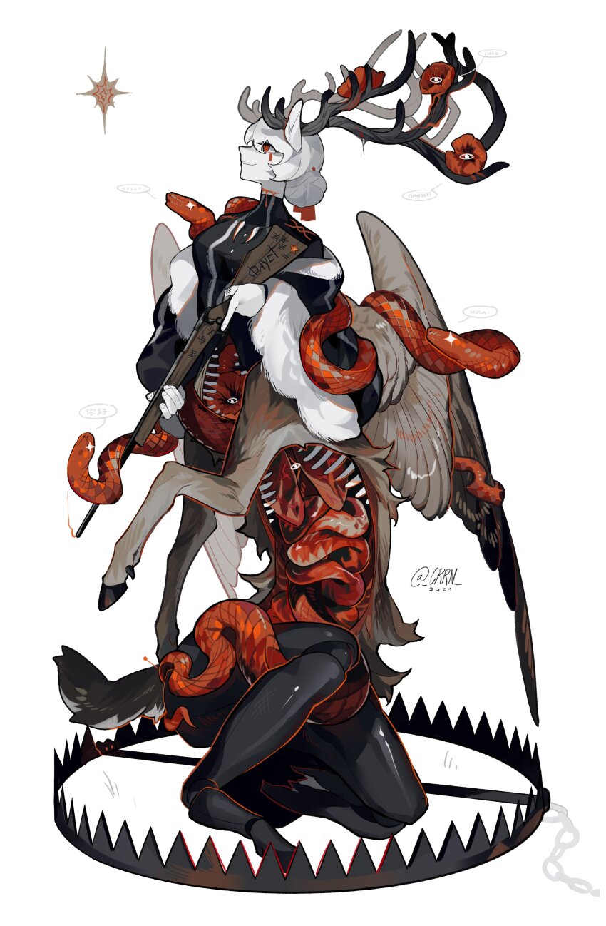 1girl, absurdres, animal_ears, antlers, bear_trap, bird_wings, black_horns, black_jacket, chimera, colored_skin, commentary, crrn, deer_tail, english_commentary, entrails, feathered_wings, flower, full_body, fur-trimmed_jacket, fur_trim, gun, hair_bun, highres, holding, holding_gun, holding_weapon, hooves, horn_ornament, horns, jacket, jewelry, lungs, mixed_limbs, monster_girl, necklace, on_one_knee, organs, original, red_eyes, red_flower, ribs, rifle, signature, simple_background, single_hair_bun, smile, snake, solo, tail, taur, tooth_necklace, weapon, white_background, white_hair, white_skin, wings