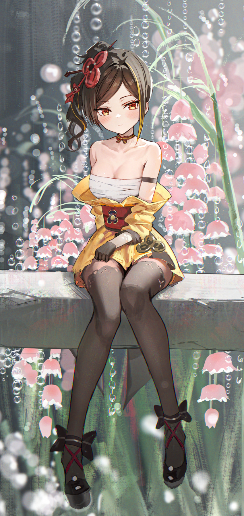 1girl, absurdres, bare_shoulders, black_choker, black_footwear, black_gloves, black_hair, black_thighhighs