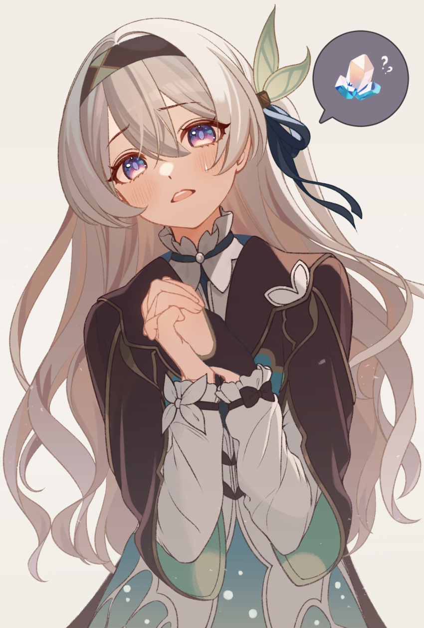 1girl, ?, ??, black_hairband, black_jacket, blush, camunekoz, commentary_request