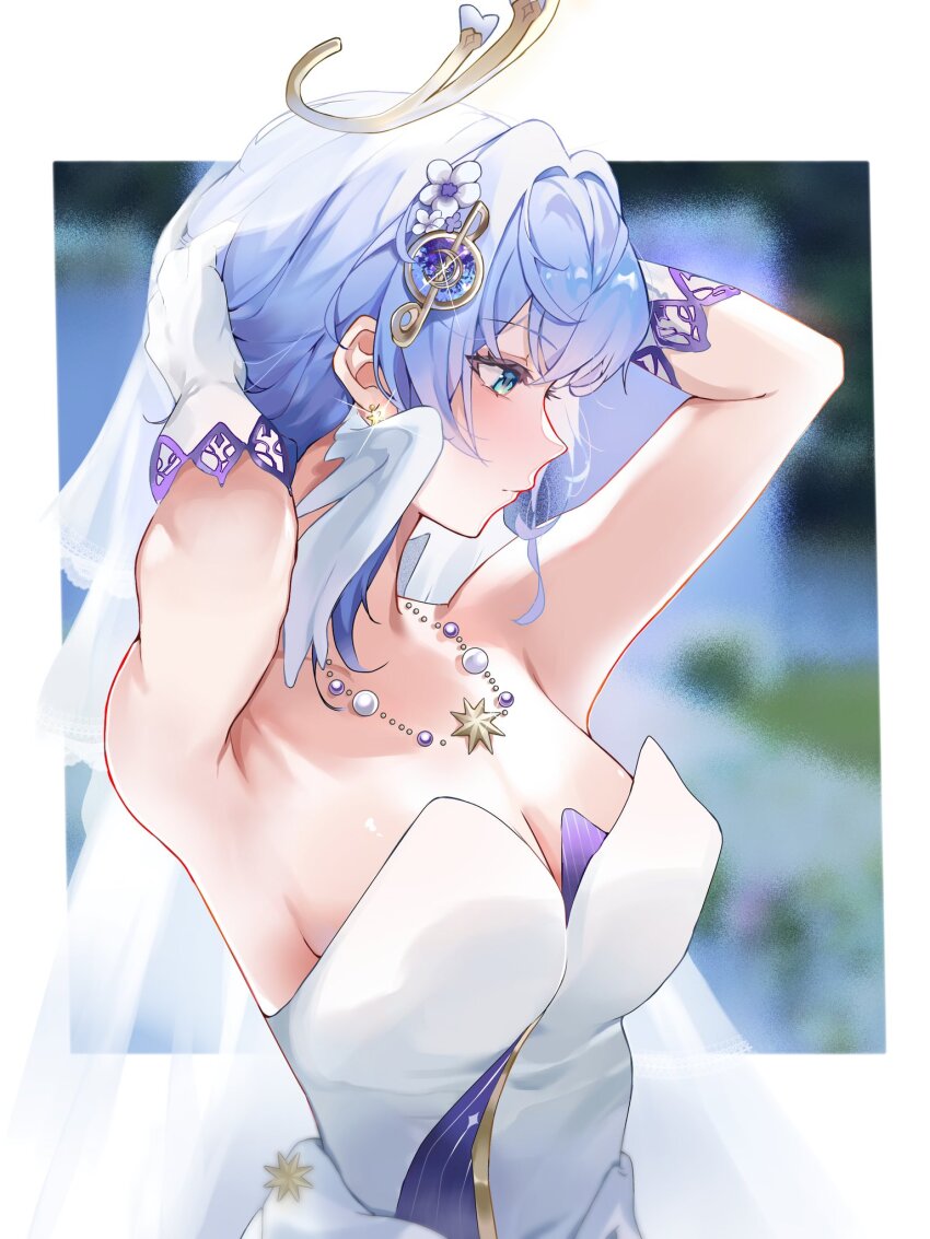 1girl, alternate_costume, aqua_eyes, armpits, arms_behind_head, blue_hair, blurry, blurry_background, border, breasts, cleavage, closed_mouth, earrings, flower, fortissimo, from_side, gloves, hair_ornament, halo, head_wings, highres, honkai:_star_rail, honkai_(series), jewelry, kbnimated, looking_to_the_side, musical_note, musical_note_hair_ornament, necklace, petals, robin_(honkai:_star_rail), solo, veil, white_border, white_flower, white_gloves, white_veil, white_wings, wings