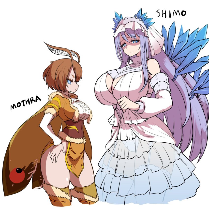 2girls, antenna_hair, antennae, arthropod_girl, blue_eyes, breasts, brown_hair, brown_wings