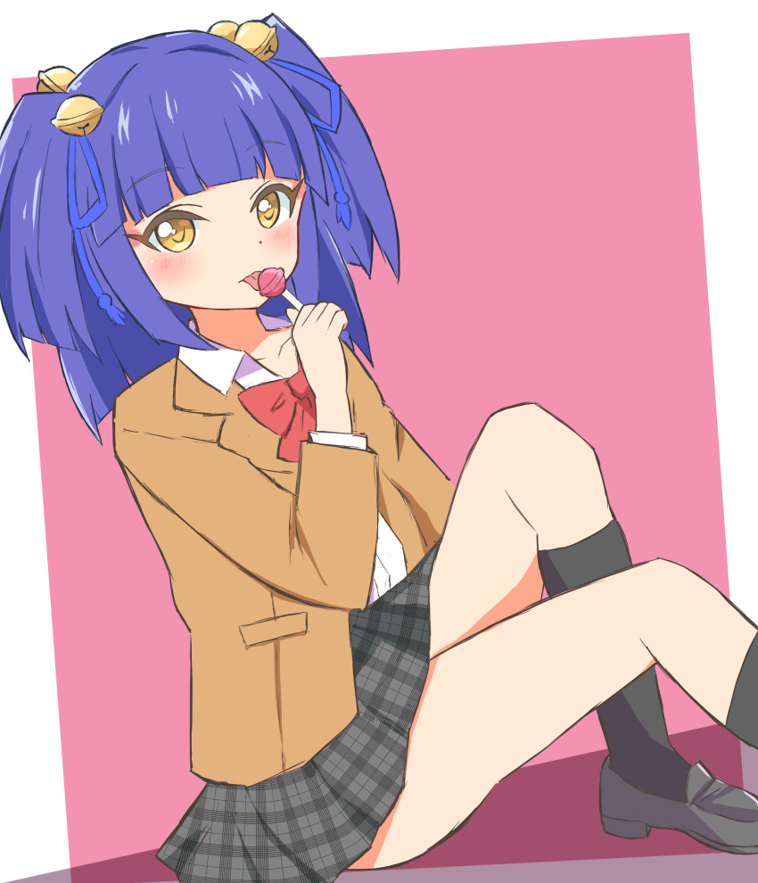 1girl, absurdres, bell, black_socks, blue_hair, blush, bow, bowtie