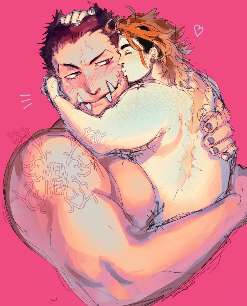 2boys, bara, belly, black_hair, blush, charlotte_katakuri, couple, cropped_torso
