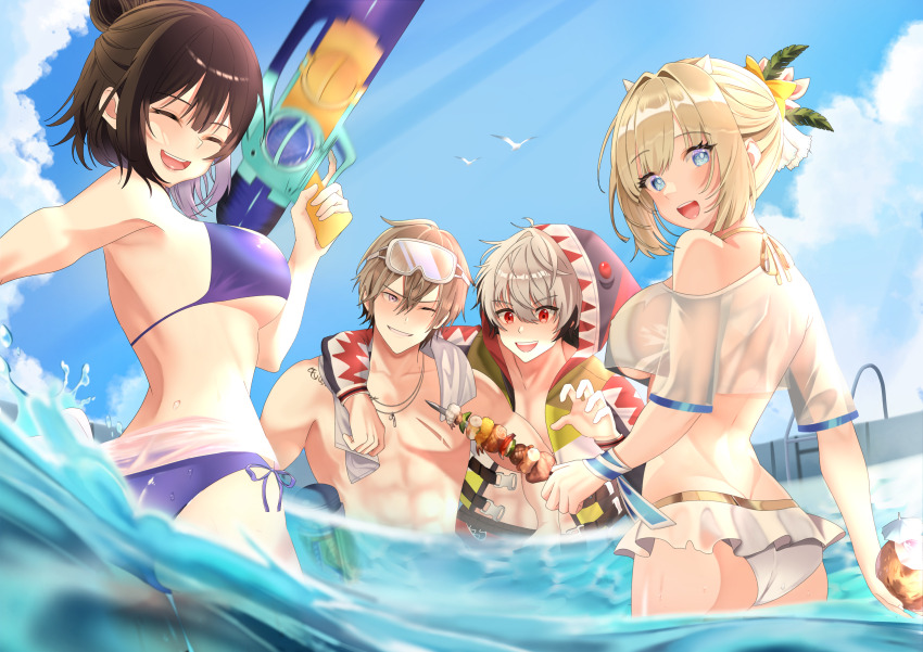 2boys, 2girls, abs, absurdres, armpits, ass, bikini, bird, black_hair, blonde_hair, blue_bikini, blue_eyes, breasts, brown_dust_(series), brown_dust_2, closed_eyes, coconut, coconut_cup, crop_top, cup, eyebrows_hidden_by_hair, frilled_bikini, frills, from_behind, fruit_as_cup, goggles, goggles_on_head, gray_(brown_dust), gray_(pool_party)_(brown_dust), hair_between_eyes, hand_around_neck, highres, holding, holding_cup, holding_skewer, holding_water_gun, hood, hooded_jacket, in_water, jacket, jewelry, justia_(brown_dust), justia_(pool_party)_(brown_dust), large_breasts, lathel_(brown_dust), lathel_(pool_party)_(brown_dust), life_vest, light_blush, looking_at_viewer, male_swimwear, multicolored_hair, multiple_boys, multiple_girls, one_eye_closed, open_mouth, pectorals, pendant, pool, ramela, red_eyes, scar, scar_on_chest, scheherazade_(brown_dust), scheherazade_(pool_party)_(brown_dust), seagull, see-through_clothes, short_hair, sideboob, skewer, smile, swim_goggles, swim_trunks, swimsuit, teeth, two-tone_hair, upper_teeth_only, water_gun, wet, wet_clothes, white_bikini, white_hair