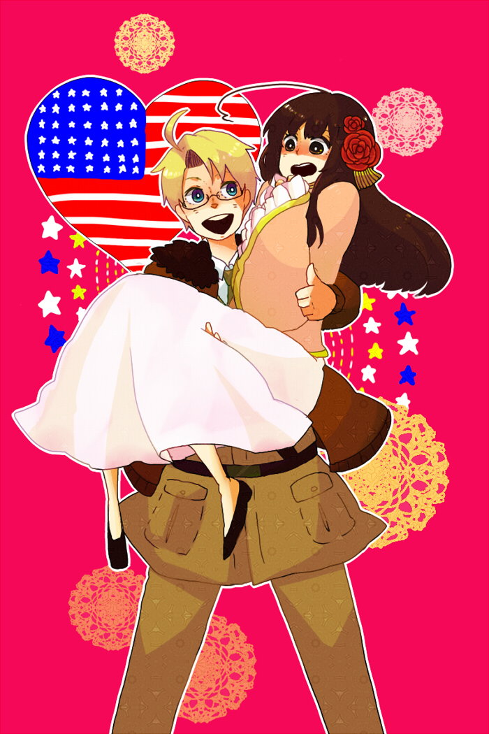 1boy, 1girl, ahoge, america_(hetalia), american_flag, axis_powers_hetalia, blonde_hair, blue_eyes, blush, brown_eyes, brown_hair, carrying, chinese_clothes, couple, flower, glasses, hetero, jacket, long_hair, military, military_uniform, noco-noco-noco, princess_carry, taiwan_(hetalia)
