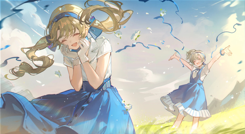 2girls, ^_^, arms_up, black_hairband, blonde_hair, blue_bow, blue_skirt, blue_sky, bow, bracelet, closed_eyes, cloud, collared_shirt, confetti, fisheye, floating_hair, flower, gloves, grass, grey_hair, hair_bow, hairband, hands_on_own_face, hands_up, highres, ichisaku, jewelry, leaning_forward, long_hair, matilda_bouanich, medium_hair, medium_skirt, mountainous_horizon, multiple_girls, official_alternate_costume, open_mouth, outdoors, outstretched_arms, overall_skirt, reverse:1999, shirt, shirt_tucked_in, short_sleeves, side_ponytail, skirt, sky, smile, sotheby, sotheby_(lawson), standing, twintails, white_flower, white_gloves, white_shirt