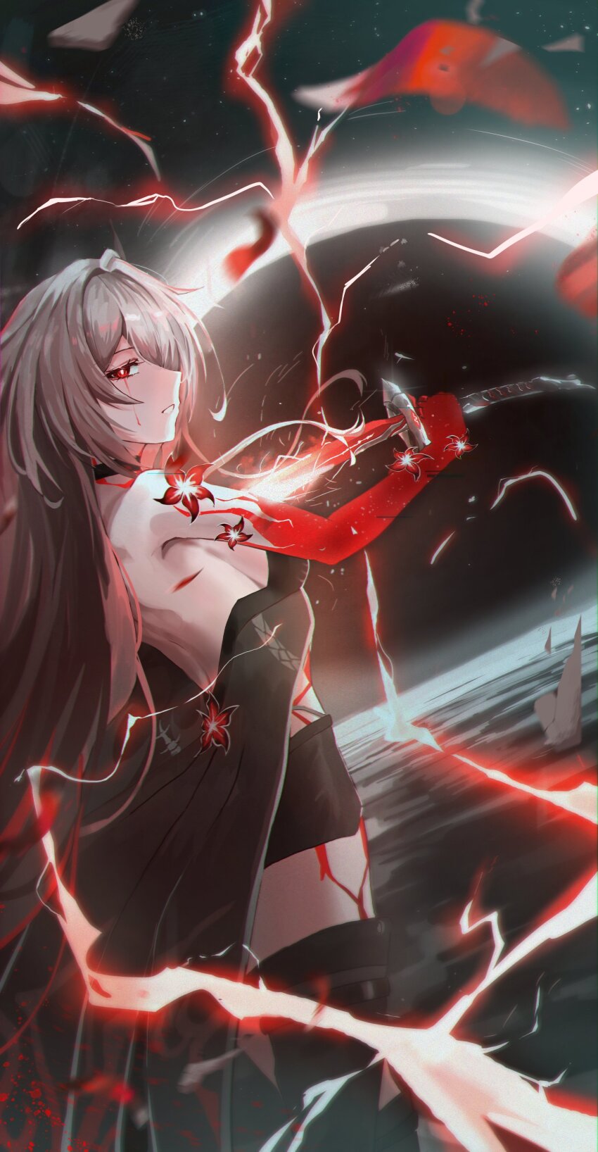 1girl, absurdres, acheron_(honkai:_star_rail), asymmetrical_legwear, back, bare_back, black_choker, black_coat