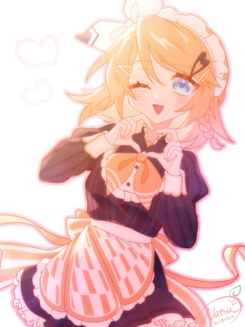 1girl, 2024, alternate_costume, apron, black_dress, blonde_hair, bloom, blue_eyes