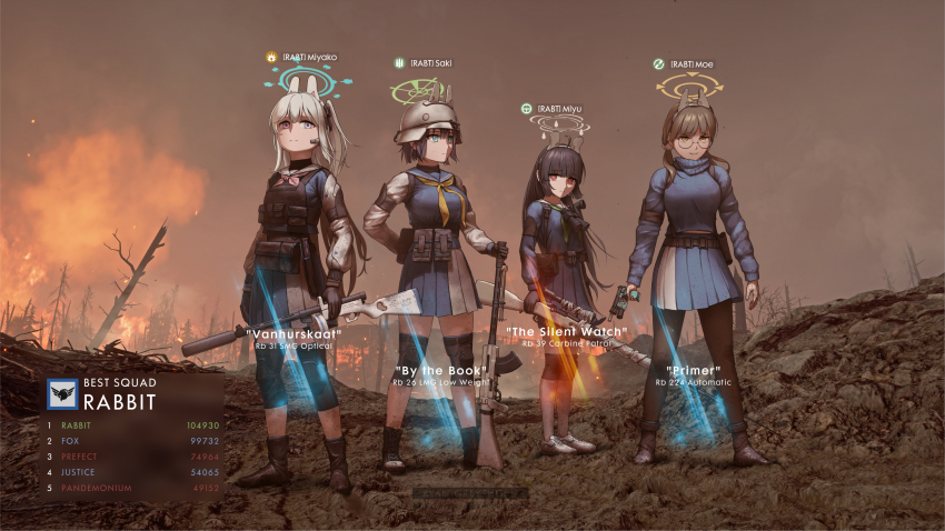 4girls, animal_ears, battlefield_(series), battlefield_1, black_footwear, black_hair, black_pantyhose, blue_archive