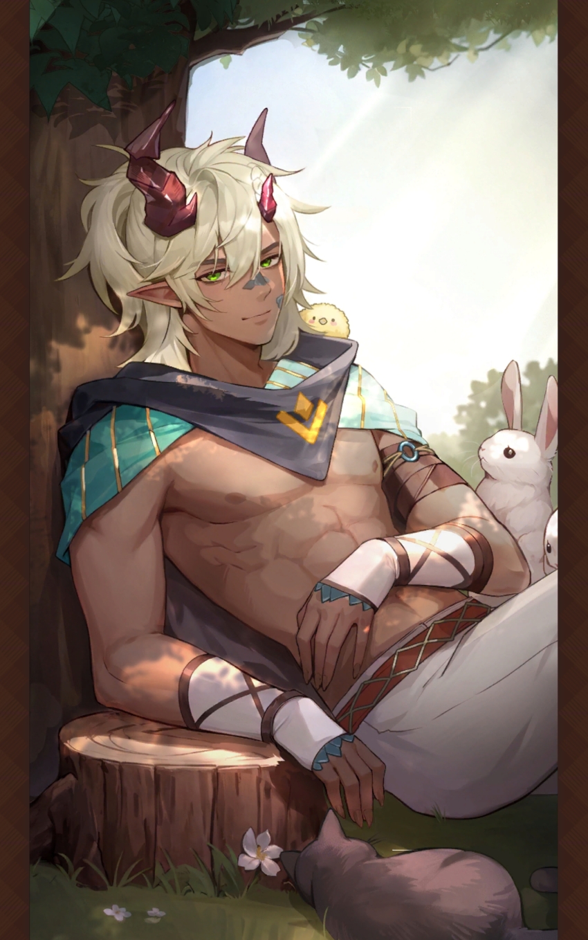 1boy, abs, absurdres, baby_animal, bird, blonde_hair, cat, chick, dragon_horns, green_eyes, half-dragon, highres, horns, isekai:_slow_life, male_focus, pointy_ears, rabbit, tree, tree_stump, wenreesa_(isekai:_slow_life)