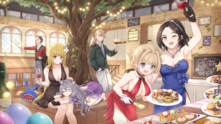 2boys, 4girls, angelica_(brown_dust), animal_ears, arm_up, balloon, barefoot, black_dress