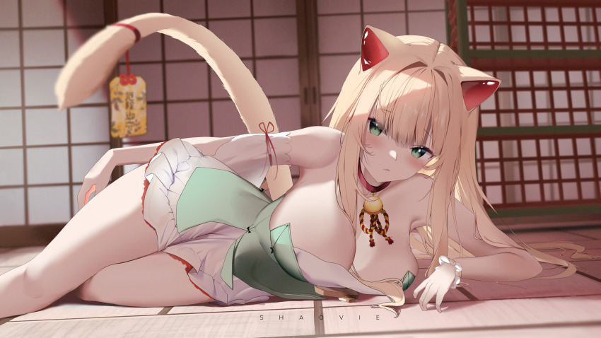 1girl, :/, absurdres, animal_ears, bare_shoulders, bell, blonde_hair, blush