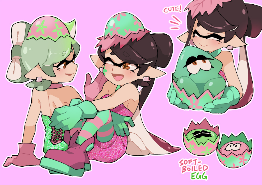 2girls, black_hair, bow-shaped_hair, callie_(splatoon), callie_(springfest)_(splatoon), cousins, gomipomi, green_hair