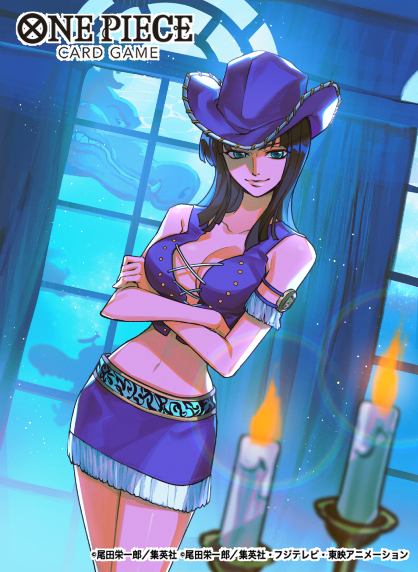 1girl, armlet, black_hair, blue_eyes, blunt_bangs, candle, candlelight, commentary_request