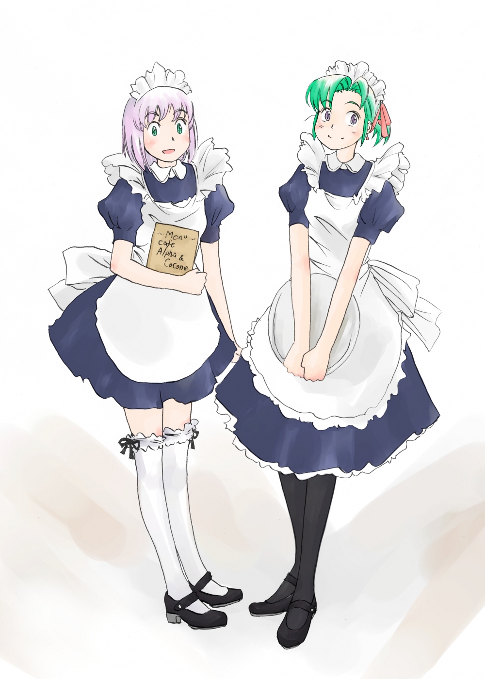 2girls, black_legwear, bow_legwear, green_eyes, green_hair, hatsuseno_alpha, highres, maid