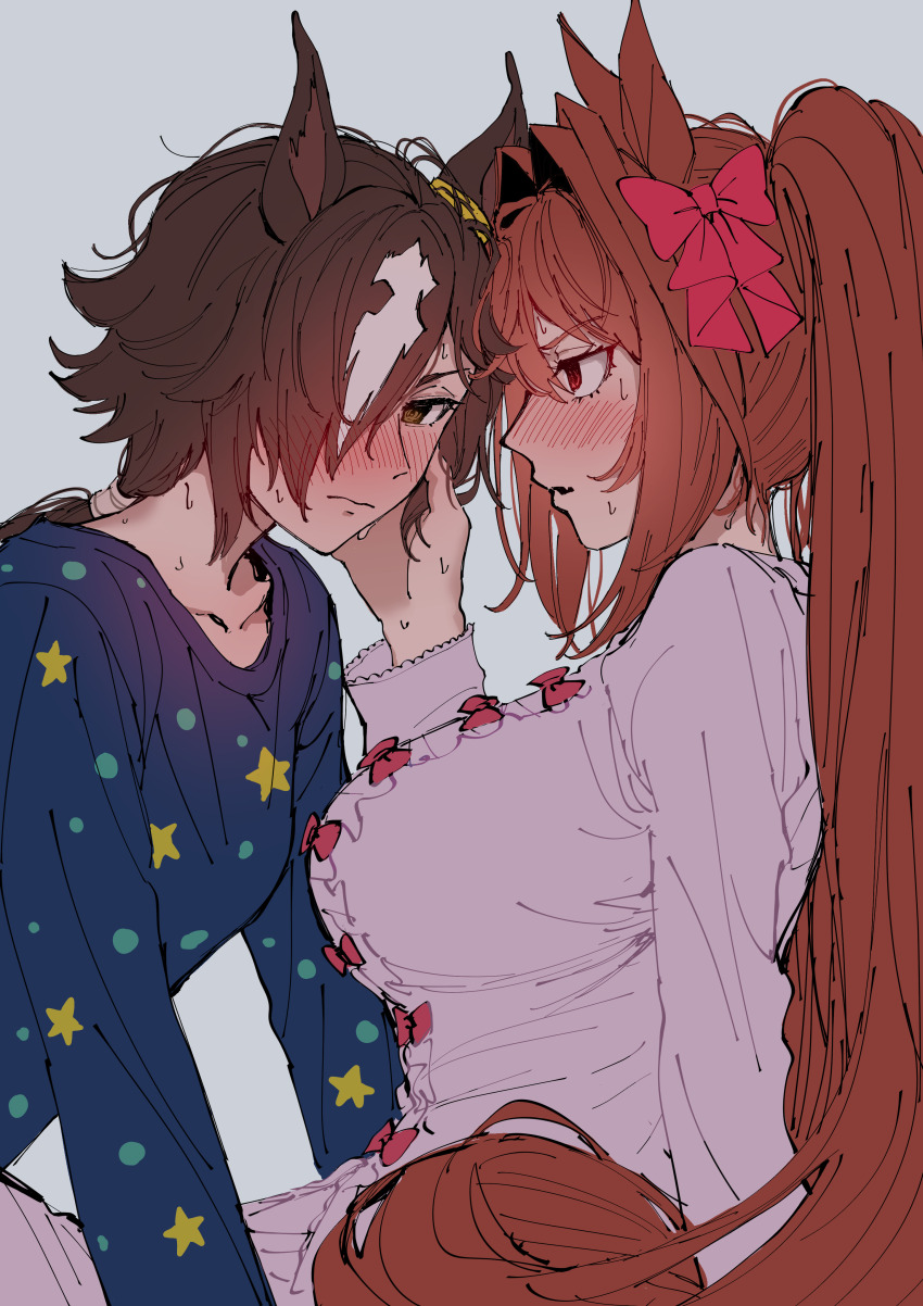 2girls, absurdres, animal_ears, blue_pajamas, blush, bow, breasts, brown_eyes