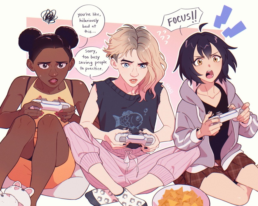 3girls, afro_puffs, animal_slippers, black_eyes, black_hair, blonde_hair, blue_eyes, bowl, brown_eyes, bunny_slippers, controller, dark-skinned_female, dark_skin, doritos, english_text, flying_sweatdrops, game_controller, gwen_stacy, highres, holding, holding_controller, hood, hoodie, margo_kess, marvel, multiple_girls, open_mouth, pants, peni_parker, pillow, pink_lips, plaid_clothes, plaid_skirt, playing_games, playing_video_games, print_socks, sitting_on_pillow, skirt, sleeveless, slippers, socks, speech_bubble, spider-byte, spider-man:_across_the_spider-verse, spider-man_(series), spider-verse, squiggle, sweatpants, tikklil, tooth_gap, torn_clothes, torn_sleeves