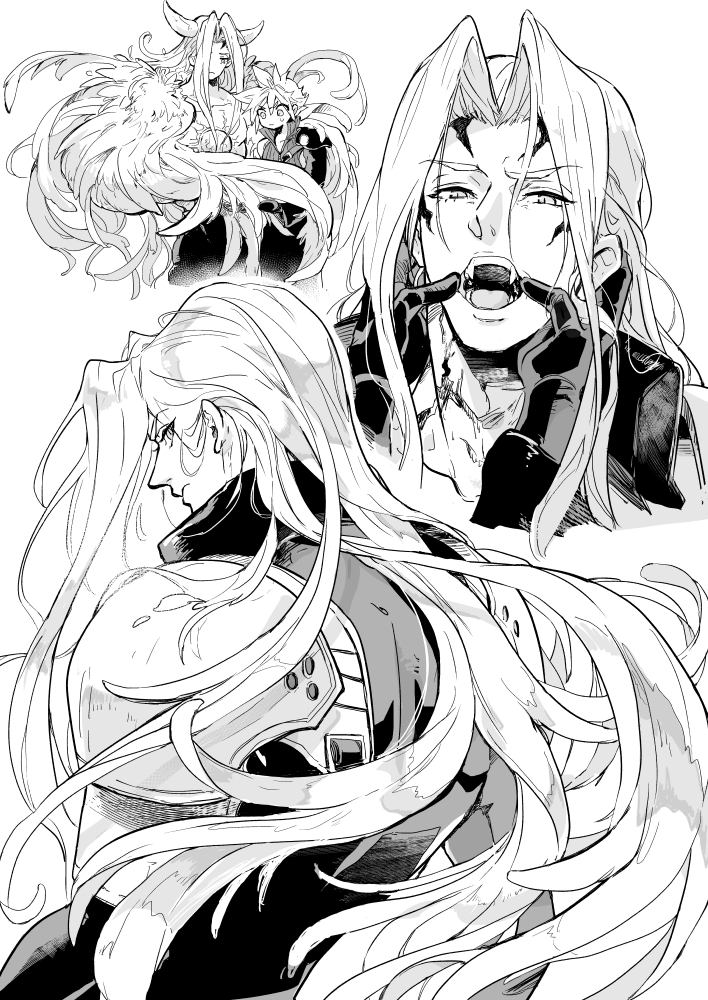 2boys, armor, black_pants, cloud_strife, cropped_shoulders, cropped_torso, facial_mark, facing_away