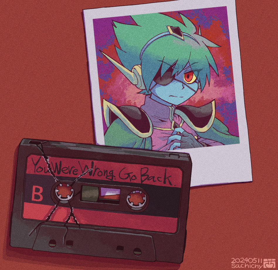 1boy, aizawa_sachi, black_gloves, blue_skin, captain_spaceboy, cassette_tape, closed_mouth, colored_sclera