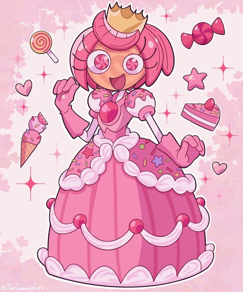 1girl, cake, candy_girl, crown, dress, food, glitch_productions, highres