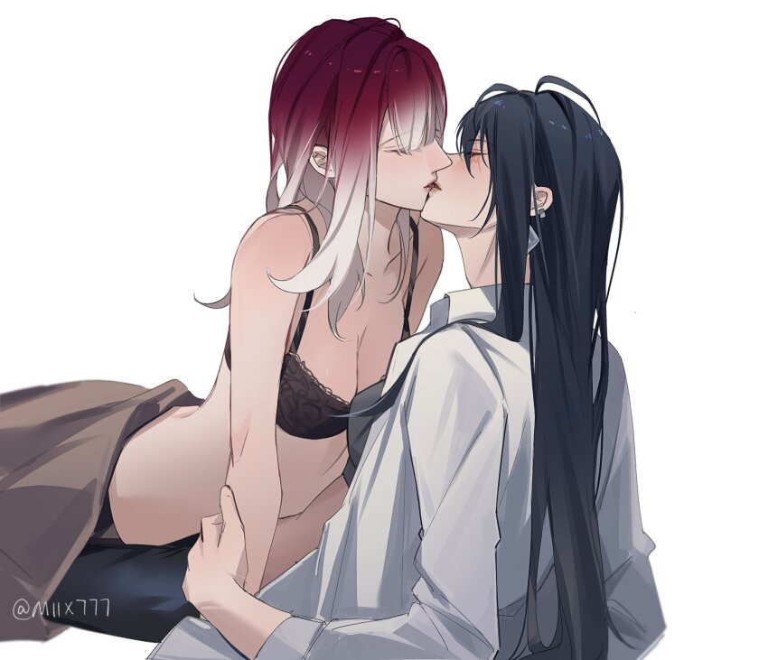 2girls, black_bra, black_hair, bra, breasts, cleavage, closed_eyes, collared_shirt
