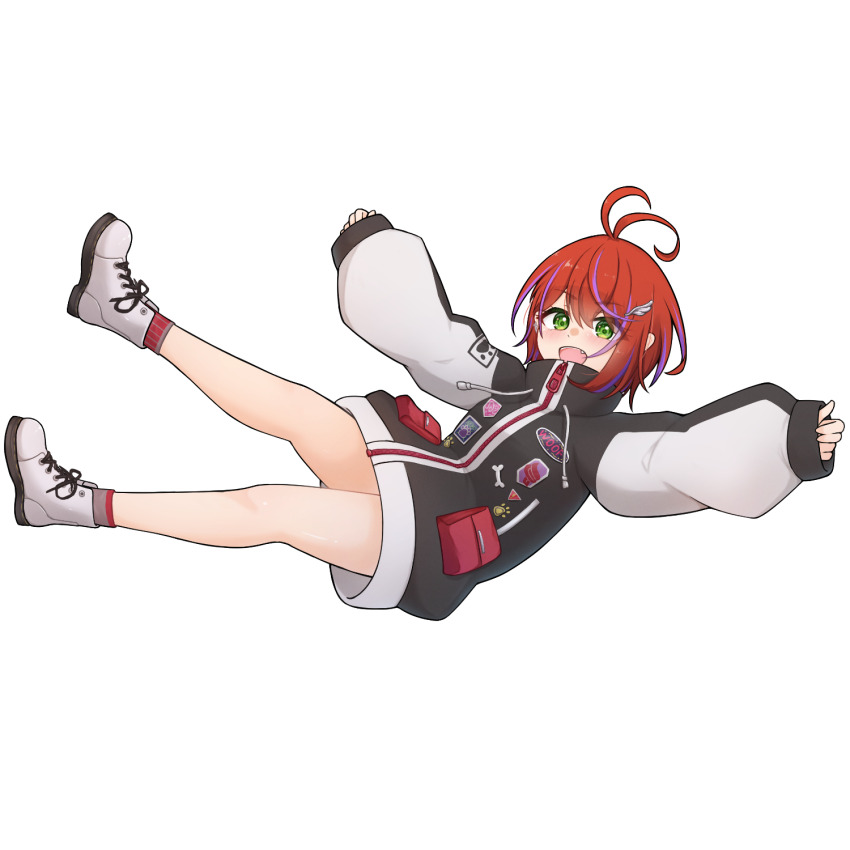 1girl, :d, akane_canna, akane_canna_(2nd_costume), antenna_hair, black_coat, blush, boots