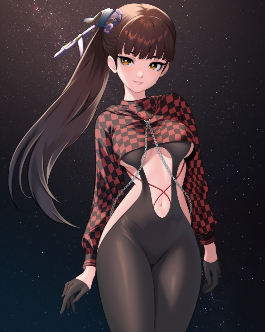 1girl, absurdres, aldrich.art, black_bodysuit, black_gloves, blunt_bangs, bodysuit, breasts