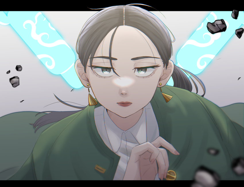 black_hair, cloak, earrings, green_cloak, green_eyes, highres, jewelry, lipstick