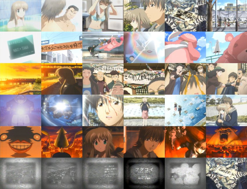 00s, 1boy, 1girl, anime_screenshot, bathing, blood, collage, debris, futaba_rentarou, futakoi, gensan, hair_ribbon, highres, hug, hug_from_behind, indoors, koto_michiru, lipstick, makeup, mixed-sex_bathing, nude, outdoors, ribbon, running, shared_bathing, shirogane_souju, towel, underwear, wading, zenra