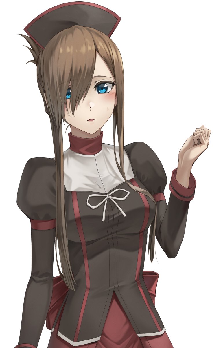 1girl, apron, back_bow, blue_eyes, blush, bow, breasts, brown_dress