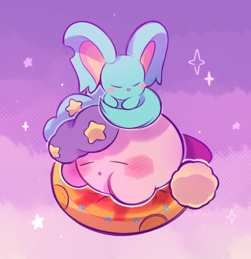 blush_stickers, closed_eyes, commentary, copy_ability, deep_sleep_kirby, elfilin, english_commentary, fafameow