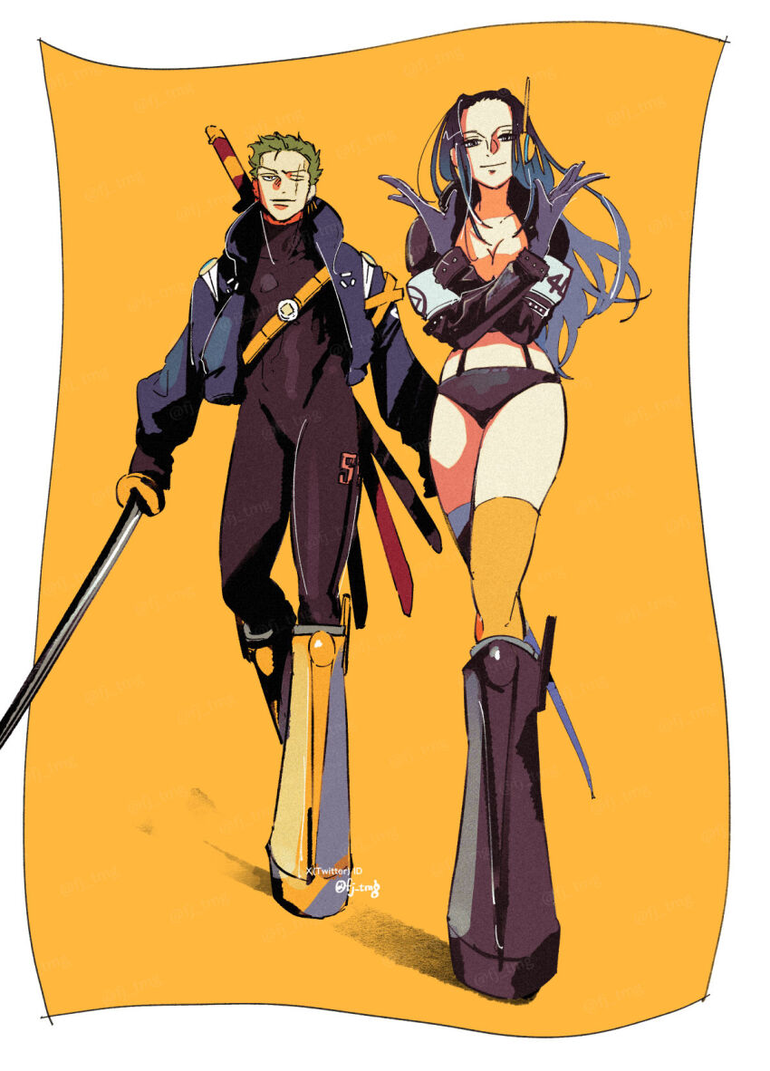 1boy, 1girl, black_bodysuit, black_footwear, black_gloves, black_jacket, black_panties, bodysuit, boots, border, breasts, cleavage, commentary, cropped_jacket, crossed_arms, fujisee, full_body, gloves, green_hair, highres, holding, holding_sword, holding_weapon, jacket, leather, leather_jacket, light_smile, long_hair, looking_at_viewer, medium_breasts, nico_robin, nico_robin_(egghead), one_piece, orange_background, orange_boots, orange_thighhighs, panties, roronoa_zoro, scar, scar_across_eye, scar_on_face, short_hair, sword, sword_on_back, untranslatable_commentary, thighhighs, twitter_username, underwear, walking, weapon, weapon_on_back, white_border