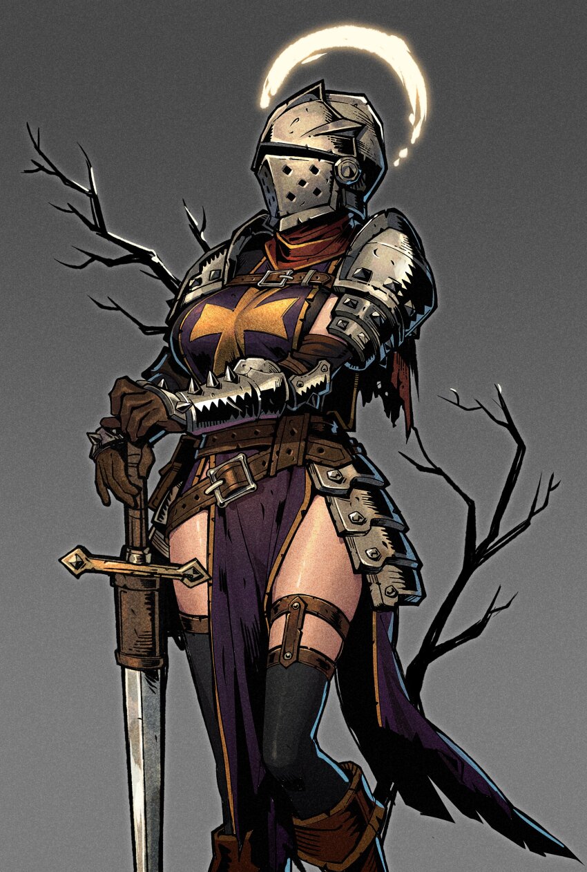 1girl, absurdres, armor, breasts, crusader_(darkest_dungeon), darkest_dungeon, h_ikenuma, helmet, highres, holding, holding_sword, holding_weapon, large_breasts, pauldrons, red_scarf, scarf, shoulder_armor, solo, sword, tabard, thighhighs, vambraces, virtue_(darkest_dungeon), weapon
