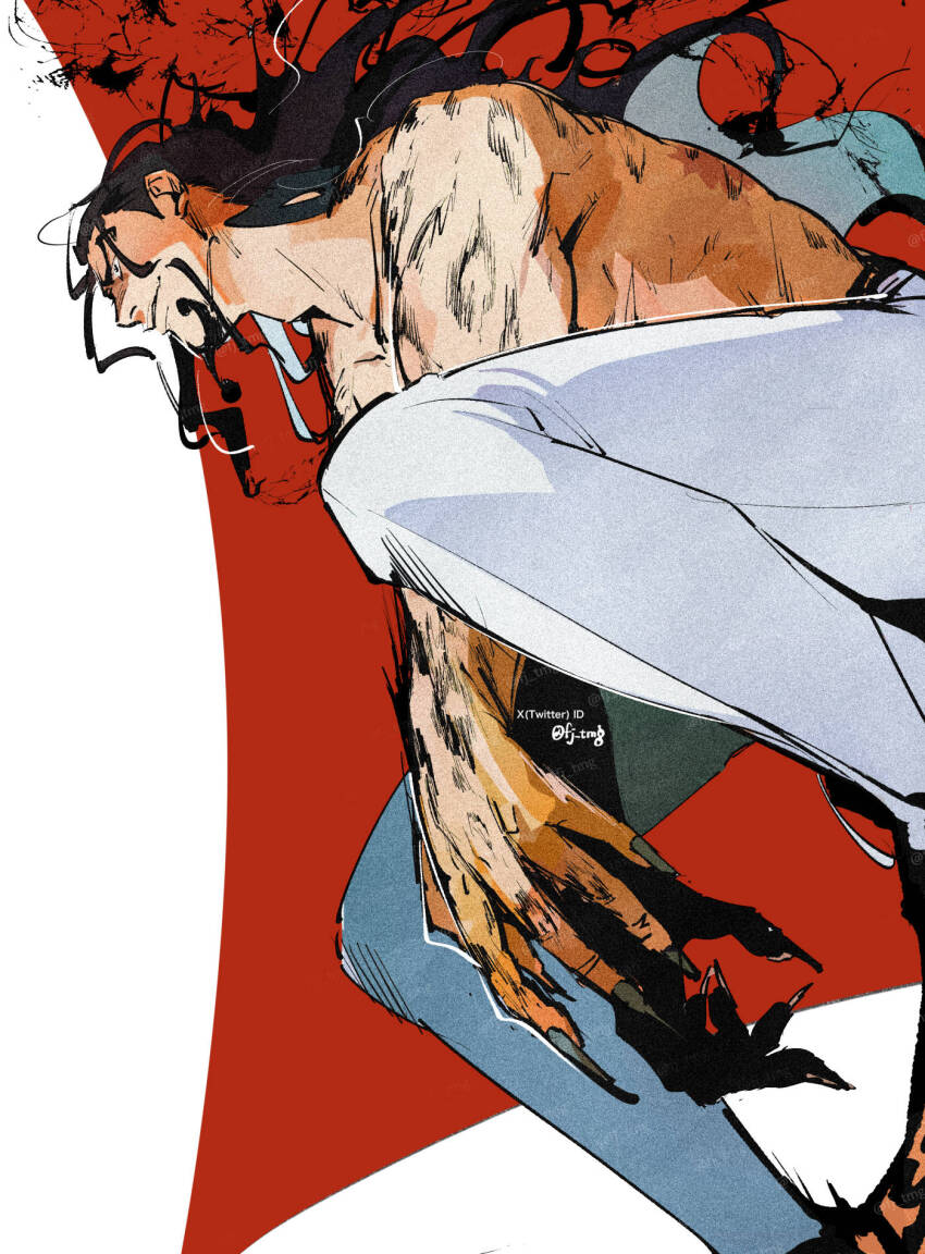 1boy, alternate_form, black_hair, claws, commentary_request, facial_hair, fujisee, goatee