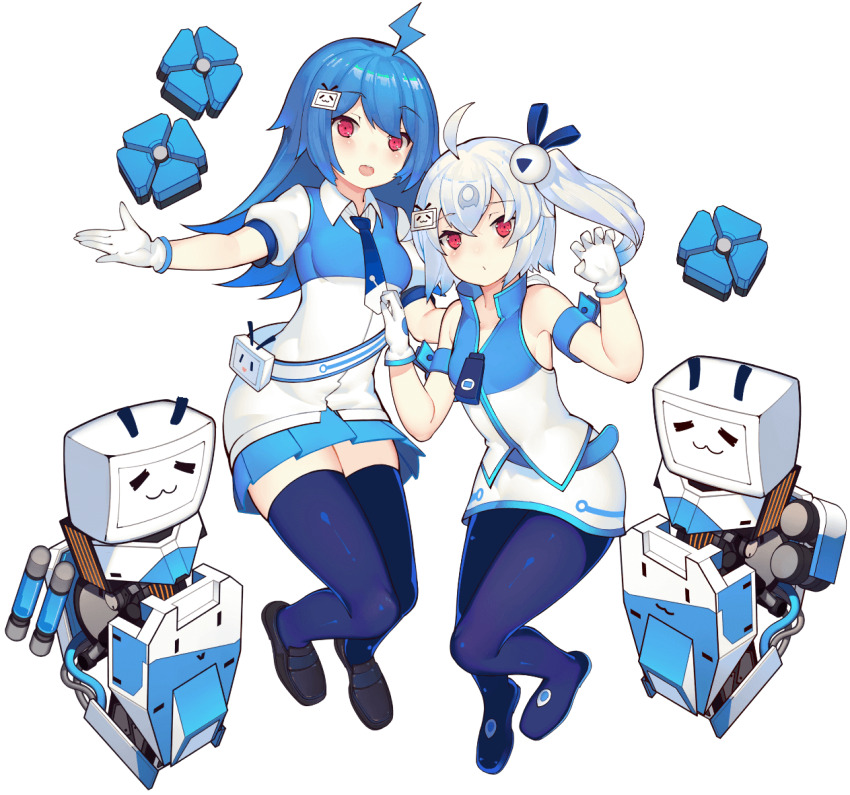 2girls, ahoge, antennae, aqua_hair, aqua_skirt, artist_request, bare_shoulders, belt