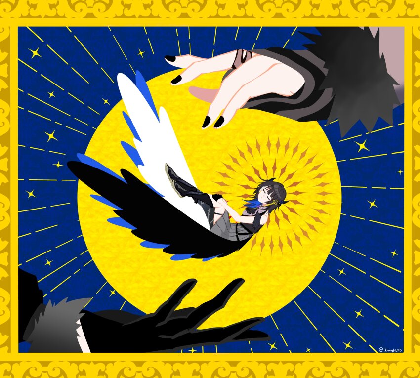 3girls, absurdres, arm_warmers, ascot, black_ascot, black_footwear, black_gloves, black_hair, black_horns, black_nails, black_thighhighs, blue_hair, boots, border, brooch, closed_eyes, closed_mouth, clothing_cutout, colored_inner_hair, commentary_request, demon_horns, fingernails, gloves, grey_hair, grey_shirt, grey_skirt, hair_ornament, highres, hololive, hololive_english, horns, if_they_mated, ips_cells, ivory_le_(ivoryk2510), jewelry, long_hair, long_sleeves, low_wings, mole, mole_under_eye, multicolored_hair, multiple_girls, multiple_moles, nail_polish, nerissa_ravencroft, ornate_border, oversized_wings, pleated_skirt, ring, shiori_novella, shirt, shoulder_cutout, single_thighhigh, skirt, star_(symbol), streaked_hair, striped_arm_warmers, tassel, tassel_hair_ornament, thighhighs, twitter_username, vietnamese_commentary, virtual_youtuber, wings