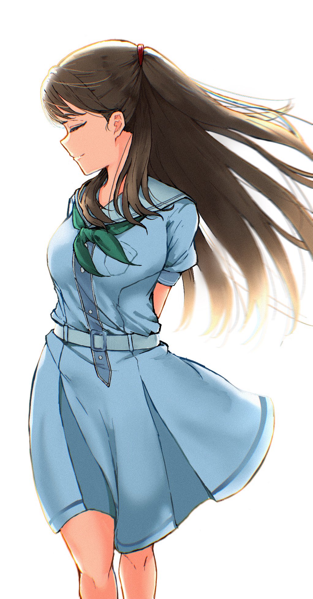1girl, arms_behind_back, backlighting, breasts, brown_hair, closed_eyes, closed_mouth, commentary