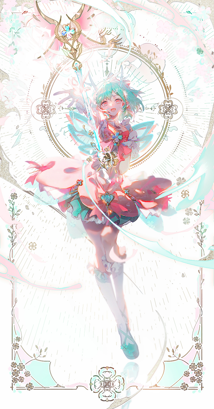 1girl, :d, arm_up, border, chinese_commentary, commentary_request, dress, frilled_sleeves, frills, full_body, green_hair, green_shoes, hand_on_own_chest, hand_up, highres, kneehighs, legs_together, light, looking_at_viewer, mary_janes, mian_lang, official_alternate_costume, open_mouth, outstretched_hand, pink_dress, red_eyes, shoes, short_hair, smile, socks, solo, sunlight, swept_bangs, thighs, wangzhe_rongyao, white_socks, yao_(wangzhe_rongyao)