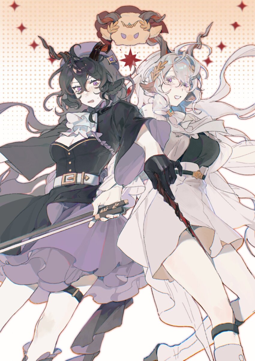 2girls, animal_ears, arknights, ascot, beret, black_dress, black_hair, black_shirt