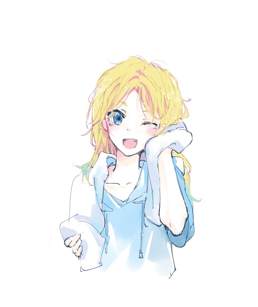 1girl, ;d, blonde_hair, blue_eyes, blue_hair, blue_hoodie, blush, collarbone