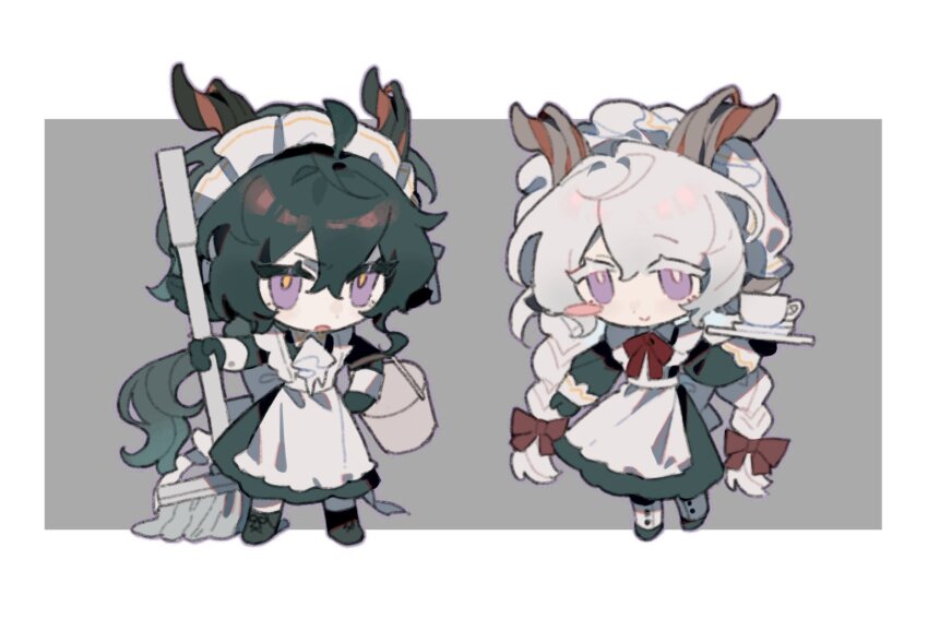 2boys, alternate_costume, animal_ears, annoyed, apron, arknights, arm_rest, artist_name