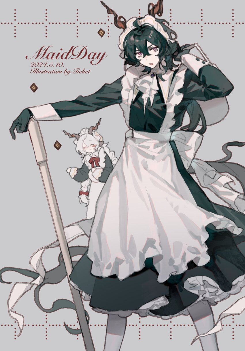 2boys, alternate_costume, animal_ears, apron, arknights, arm_rest, artist_name, black_gloves