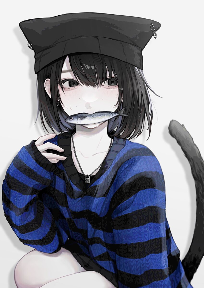 1girl, aegyo_sal, animal_hat, black_eyes, blush, cat_hat, cat_tail, ear_piercing