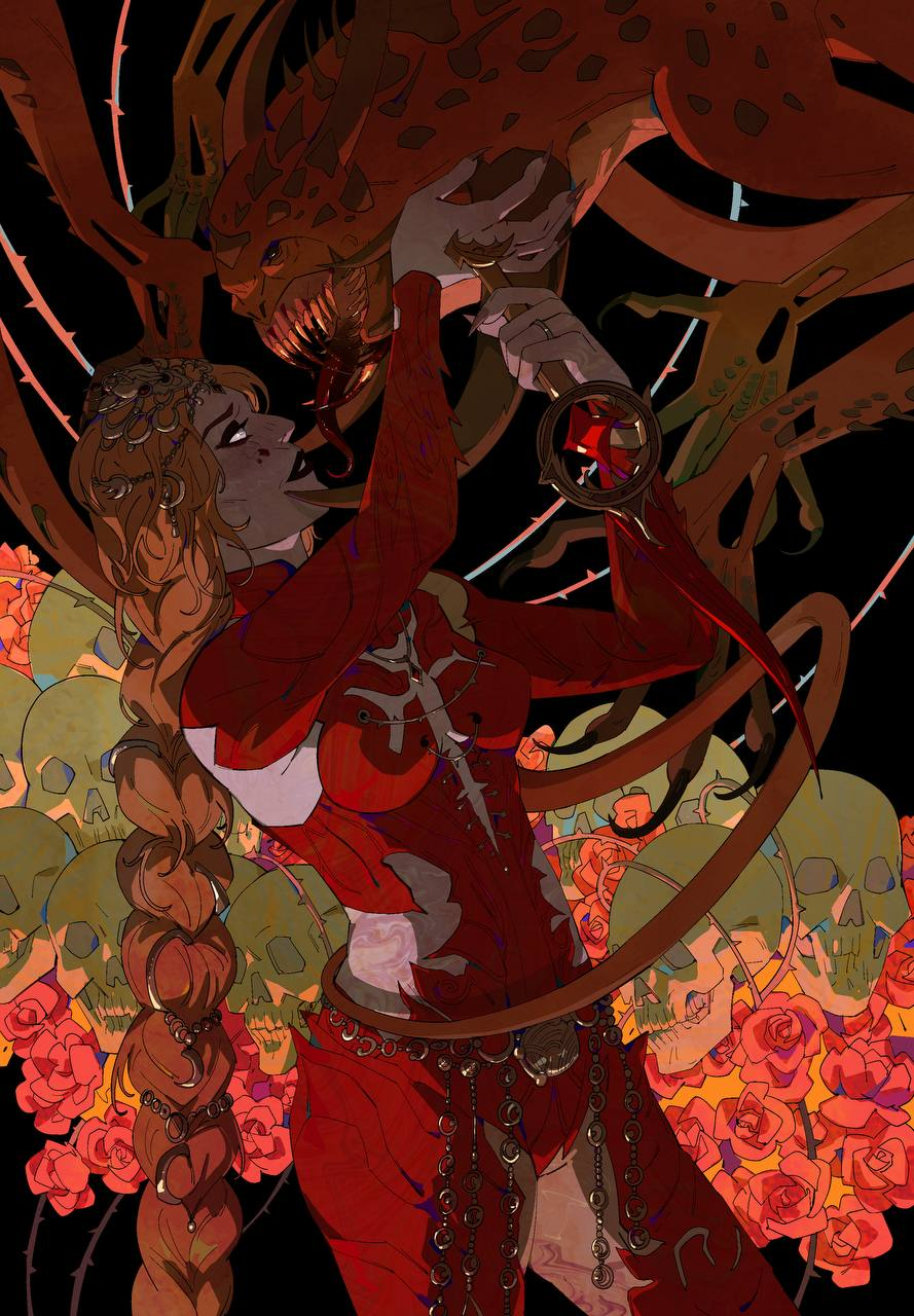 1girl, baldur's_gate, baldur's_gate_3, black_background, black_eyeshadow, black_lips, blonde_hair, blood, blood_on_face, bodysuit, braid, brown_nails, circlet, claws, cleavage_cutout, clothing_cutout, commentary, cowboy_shot, dagger, detached_sleeves, english_commentary, eyeshadow, fingernails, flower, from_side, germanich, hair_ornament, headpiece, highres, hip_vent, holding, holding_dagger, holding_knife, holding_weapon, horns, jewelry, knife, long_fingernails, long_hair, looking_up, low-braided_long_hair, low-tied_long_hair, makeup, monster, orin_the_red, parted_lips, plant, profile, red_bodysuit, red_flower, red_rose, ring, rose, sharp_fingernails, sharp_teeth, single_braid, skull, slayer_(baldur's_gate), smile, spikes, teeth, thorns, tongue, tongue_out, vines, weapon, white_eyes