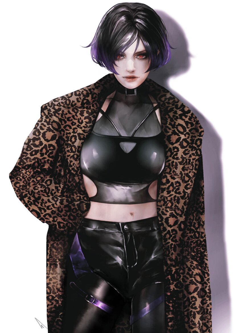 1girl, animal_print, black_hair, breasts, coat, highres, large_breasts, latex