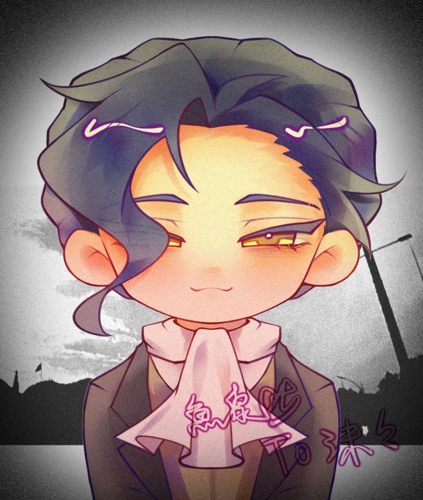 1boy, :3, ascot, black_jacket, blue_hair, brown_vest, chinese_commentary, chinese_text